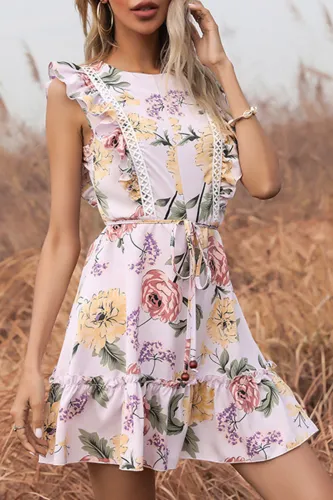 Fashion Elegant Floral Frenulum Flounce O Neck A Line Dresses