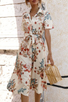 Fashion Street Print Split Joint Turndown Collar A Line Dresses