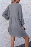 Casual Solid Pocket Buckle V Neck A Line Dresses