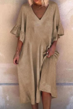 Casual Solid Patchwork Flounce V Neck Dresses