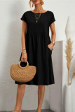 Casual Solid Patchwork O Neck A Line Short Sleeve Dress(10 Colors)