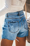 Fashion Street Solid Ripped High Waist Straight Denim Shorts