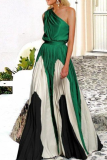 Fashion Elegant Patchwork Contrast Oblique Collar Waist Skirt Dresses