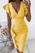 Fashion Elegant Solid Flounce Fold V Neck Wrapped Skirt Dresses