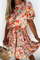 Fashion Sweet Print Split Joint O Neck Princess Dresses