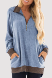 Casual Patchwork Pocket Zipper Turndown Collar Tops