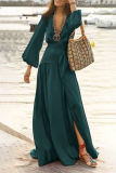 Casual Solid Patchwork V Neck Cake Skirt Dresses