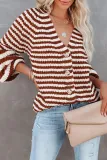 Casual Striped Patchwork Buckle V Neck Tops
