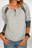 Casual Print Patchwork Buckle O Neck Tops