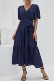 Elegant Solid Split Joint With Belt V Neck Cake Skirt Dresses