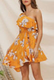 Fashion Street Print Split Joint One Shoulder Irregular Dresses