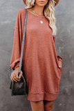 Casual Solid Split Joint Pocket O Neck Long Sleeve Dresses