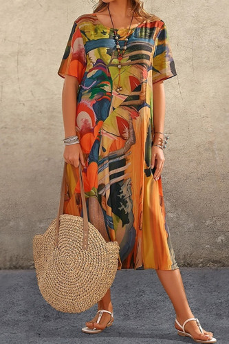 Casual College Print Patchwork O Neck Printed Dress Dresses
