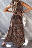 Fashion Bohemian Print Split Joint Halter Waist Skirt Dresses