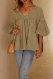 Casual Solid Split Joint V Neck Tops