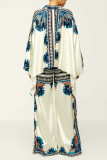 Casual Print Patchwork Buckle Asymmetrical Turndown Collar Long Sleeve Two Pieces
