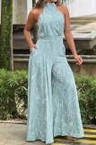 Casual Simplicity Print Patchwork Frenulum Halter Loose Jumpsuits