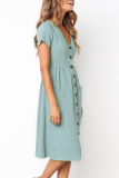 Elegant Solid Pocket Buckle V Neck A Line Dresses