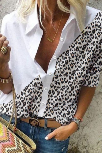 Casual Street Leopard Buckle Turndown Collar Tops