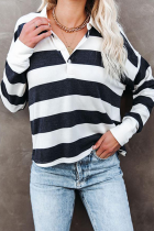 Casual Striped Patchwork Buckle Turndown Collar Tops