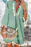 Casual Print Tassel Flounce V Neck Princess Dresses