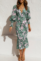 Sweet Elegant Print Patchwork V Neck Waist Skirt Dresses