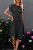 Casual Solid Split Joint O Neck Waist Skirt Dresses