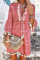 Casual Elegant Floral Tassel Split Joint V Neck A Line Dresses