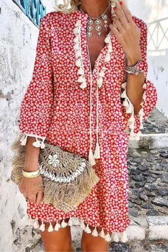 Casual Elegant Floral Tassel Split Joint V Neck A Line Dresses