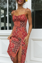 Fashion Print Frenulum Slit V Neck Dresses