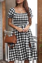 Fashion Elegant Plaid Split Joint Slit Square Collar A Line Dresses