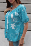 Casual Floral Frenulum Buckle V Neck T-Shirts