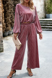 Elegant Solid Pocket O Neck Long Sleeve Two Pieces