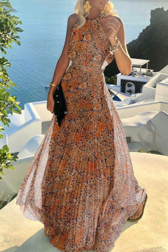 Fashion Street Print Split Joint Halter Pleated Dresses