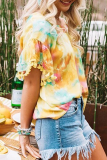 Casual Street Tie Dye Tassel Split Joint Square Collar T-Shirts