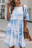 Fashion Street Tie Dye Split Joint O Neck Cake Skirt Dresses