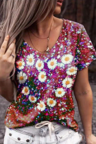 Casual Floral Basic V Neck T-Shirts
