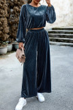Elegant Solid Pocket O Neck Long Sleeve Two Pieces