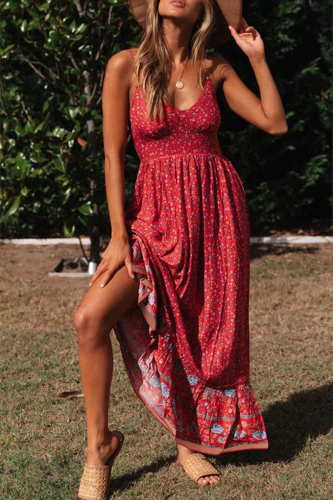 Bohemian Floral Split Joint V Neck Princess Dresses