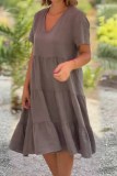 Casual Sweet Solid Patchwork V Neck Short Sleeve Dress Dresses