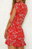 Elegant Floral Frenulum Flounce V Neck A Line Dresses