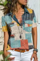 Casual Street Print Split Joint Buckle Shirt Collar Tops