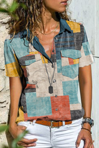Casual Street Print Split Joint Buckle Shirt Collar Tops
