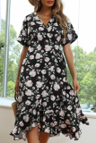 Fashion Elegant Floral Split Joint Flounce V Neck A Line Dresses