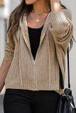 Casual Solid Draw String Zipper Hooded Collar Tops