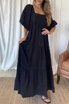 Elegant Solid Patchwork Flounce Square Collar A Line Dresses