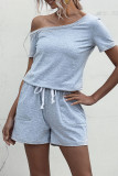 Fashion Casual Solid Draw String Oblique Collar Loose Rompers