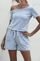 Fashion Casual Solid Draw String Oblique Collar Loose Rompers