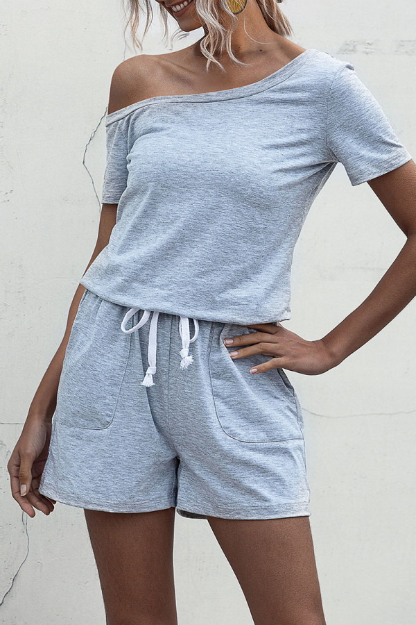 Fashion Casual Solid Draw String Oblique Collar Loose Rompers