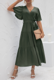 Elegant Solid Split Joint With Belt V Neck Cake Skirt Dresses